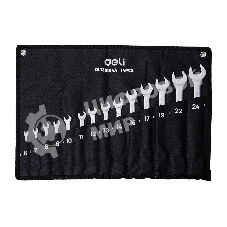 Набор комбинированных гаечных ключей 14 шт Deli DL130014A Спецификация: 6,7,8,9,10,11,12,13,14,15,17,19,22,24 мм. Матовая хромированная поверхность. Тканевая упаковка.