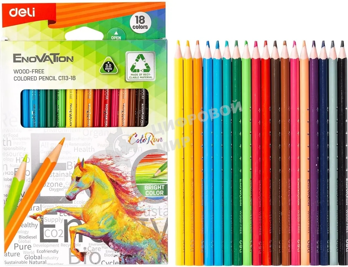 Карандаши цветные Deli EC113-18 Enovation, трехгранный профиль, пластик 18 цветов, коробка с европодвесом (18шт)