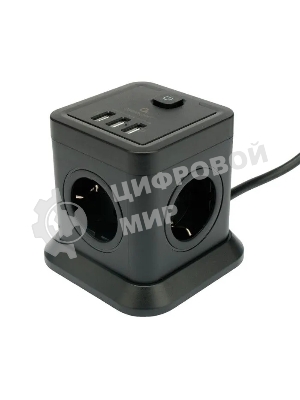 Сетевой фильтр Cablexpert Tower TWR-4-U3-B-2, 4 р, 10А, 3xUSB, 3.1А, 2 м, ур.защиты 2+, черный, коробка