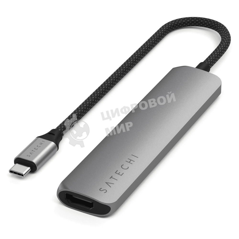 USB-концентратор Satechi 6-in-1 USB-C Slim Multiport Adapter (Type-C, HDMI, 2x Type-A, SD, microSD), до 75 Вт, Серый Док-станция ST-P6SM