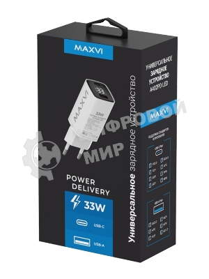 Сетевое зарядное устройство Maxvi A402PD LED 33W, 1xUSB-A, 1xUSB-C, белый