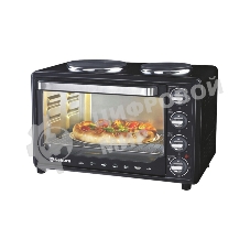 Мини-печь Sakura SA-7001HBK 35л, 3200Вт, духовка 1600Вт, конфорки 185мм+155мм (1000Вт+600Вт), механ.управление, 3 режима работы духовки (верх, низ, верх+низ), раздельная регулировка температуры духовки и конфорок, комплектация - металлическая решетка, противень и ухват. чёрны