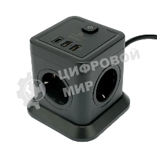 Сетевой фильтр Cablexpert Tower TWR-4-CU2-B-2, 4 р, 10А, 1xType-C PD, 20Вт, 2хUSB, 2 м, ур.защиты 2+, черный, коробка