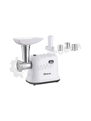 Мясорубка электрическая Sakura SA-6420SW белый, 1500 Вт, 1.4 кг/мин, реверс, защита от перегрузки, насадки - 4