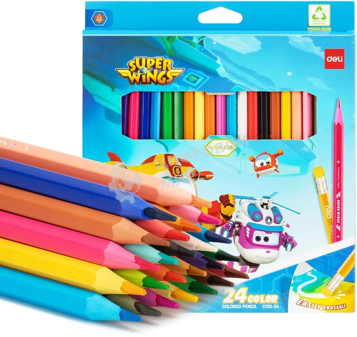 Карандаши цветные Deli EC126-24 Super Wings, шестигранный профиль, пластик коробка с европодвесом (24шт)