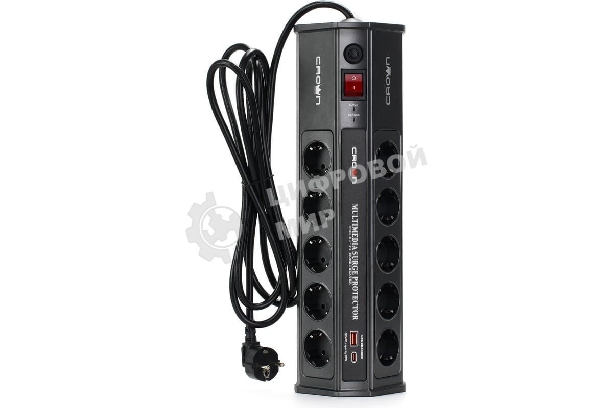 Сетевой фильтр CROWN CMPS-11 черный, 10 розеток, 3 м