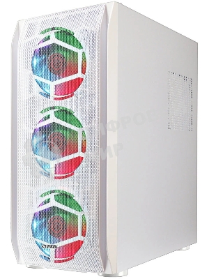 Компьютерный корпус Ginzzu GL 390 боковая дверца закаленное стекло на петлях на магнитах, controller CRC10, 4* 12R6W FAN 12CM RGb белый