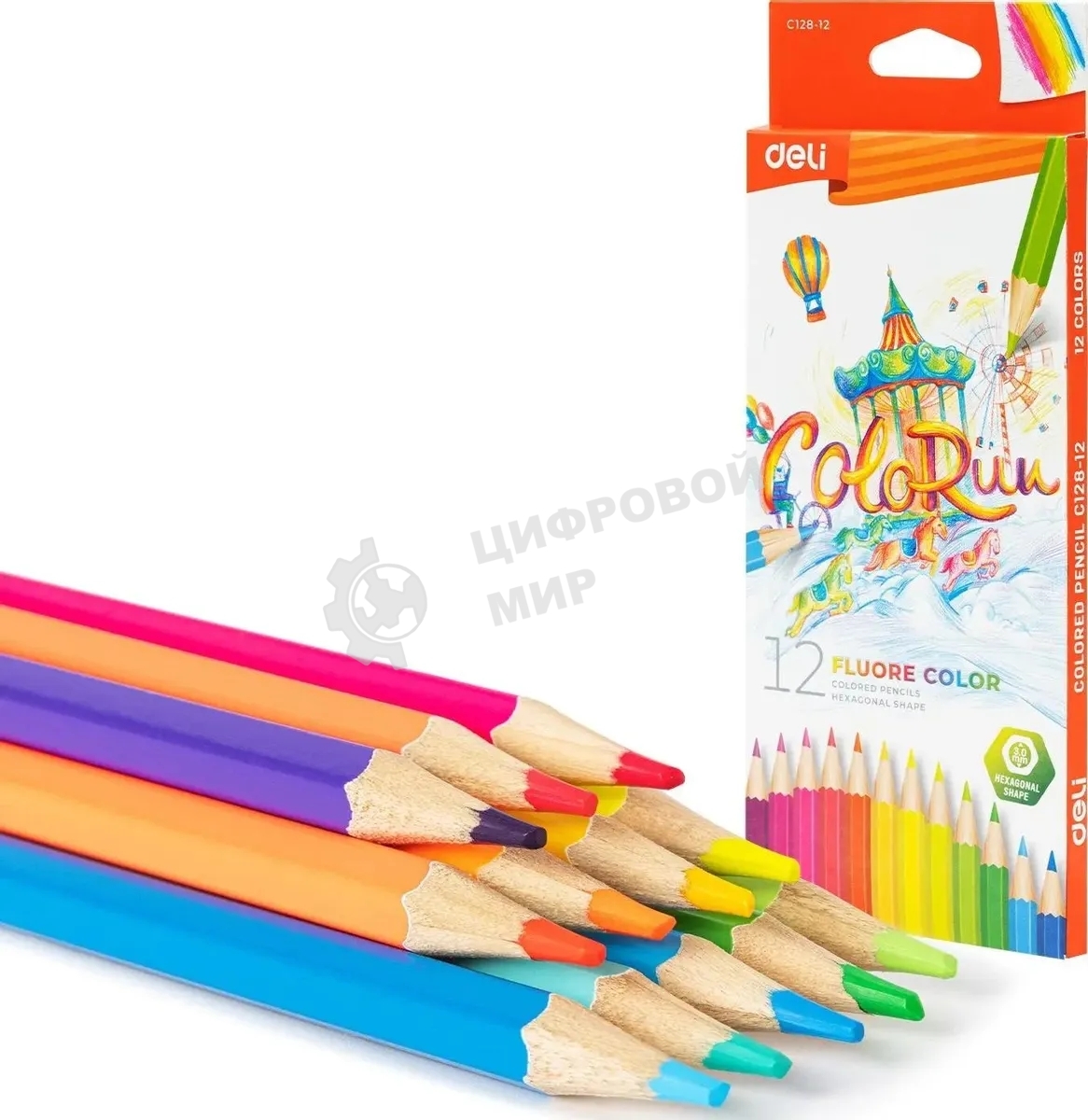 Карандаши цветные Deli EC128-12 ColoRun, шестигранный профиль, дерево 12 цветов, коробка с европодвесом (12шт)
