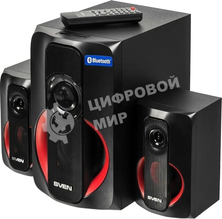 Колонки SVEN AC MS -304, черный Акустическая система, беспроводная передача сигнала по Bluetooth, суммарная мощность (RMS), Вт - 40, выходная мощность (RMS), Вт - сабвуфер: 20, сателлиты: 20 (2 х10), частотный диапазон, Гц - сабвуфер: 40 – 150, сателлиты: 150 – 20 000, размеры динамиков, мм - сабвуфер: O 128, воспроизведение с USB flash и SD card памяти, встроенное FM-радио, LED-дисплей, пульт ДУ, материал корпуса сабвуфера и сателлитов – дерево (MDF).