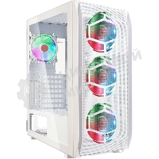 Компьютерный корпус Ginzzu GL 390 боковая дверца закаленное стекло на петлях на магнитах, controller CRC10, 4* 12R6W FAN 12CM RGb белый
