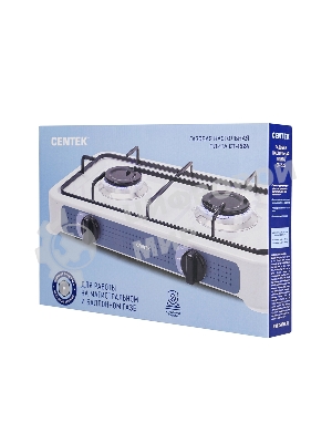 Плита настольная газовая Centek CT-1524 белый, 3.4 кВт, газ, конфорки - 2, эмаль, поворотные переключатели