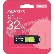 Флешка USB ADATA UC300 (ACHO-UC300-32G-RBK/GN), 32Gb, Type-C USB 3.2, R/W 100/30, черный/зеленый