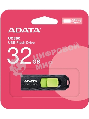 Флешка USB ADATA UC300 (ACHO-UC300-32G-RBK/GN), 32Gb, Type-C USB 3.2, R/W 100/30, черный/зеленый
