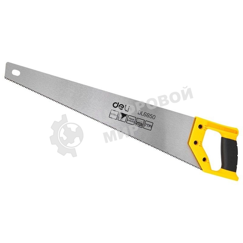Ножовка по дереву Deli DL6850 500мм Материал: 65Mn. Термообработанная поверхность. Зубья пилы: 7 TPI. Шлифовка зубов с 2-х сторон. Литая ручка из двухкомпонентного противоударного пластика.