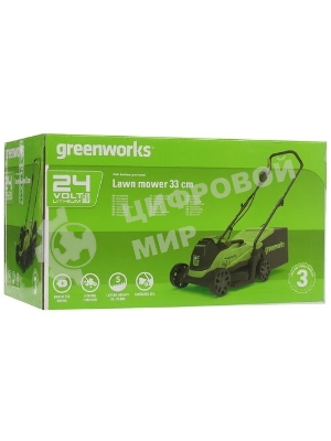Газонокосилка аккумуляторная GreenWorks GD24LM33k2, 24v, 33 см, 1хАКБ 2Ач и ЗУ (2516107UA)