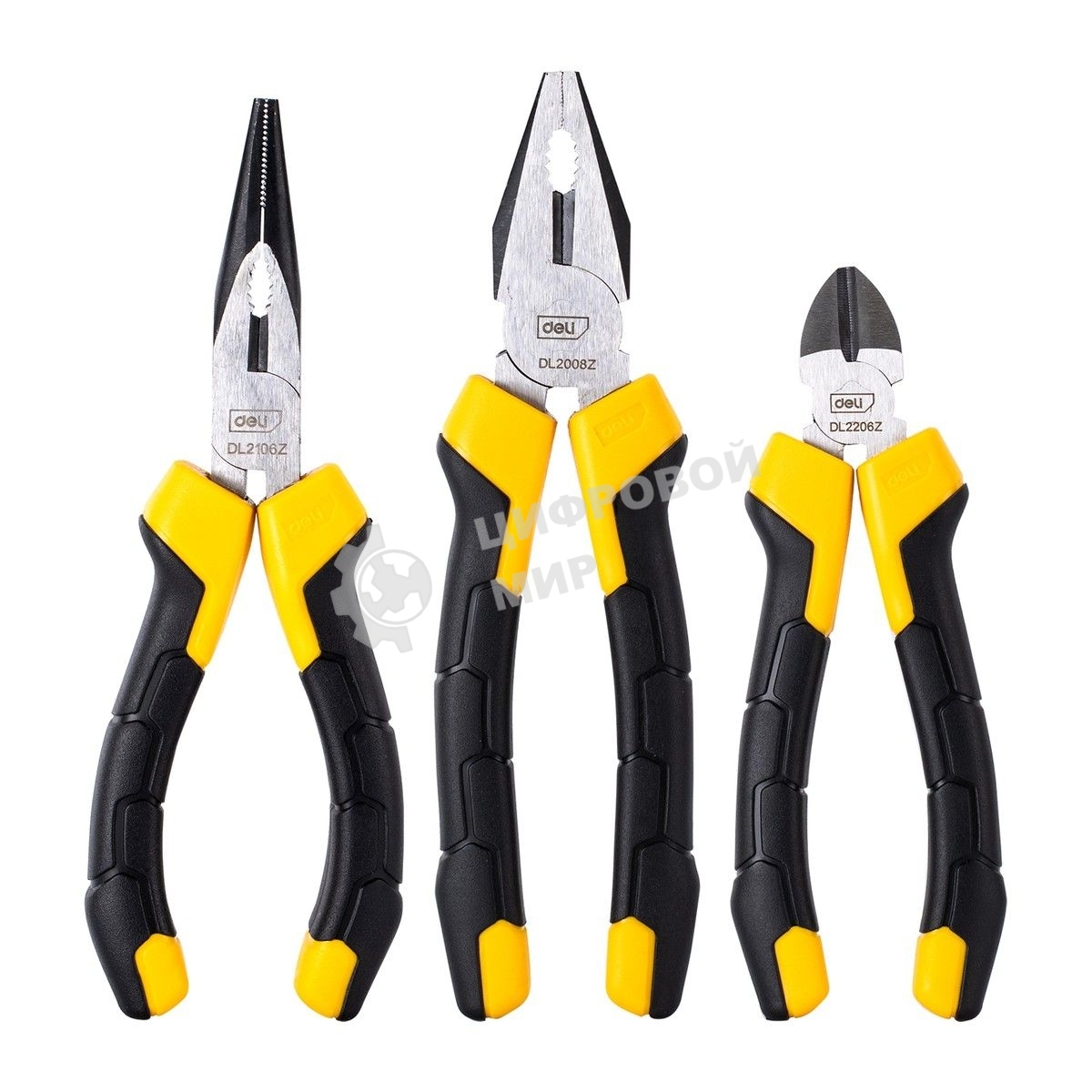 Набор плоскогубцев Deli DL2008Z-3 8-дюймовые комбинированные плоскогубцы, 6-дюймовые длинногубцы, 6-дюймовые диагональные плоскогубцы. Высокоуглеродистая сталь. Двухкомпонентная ручка