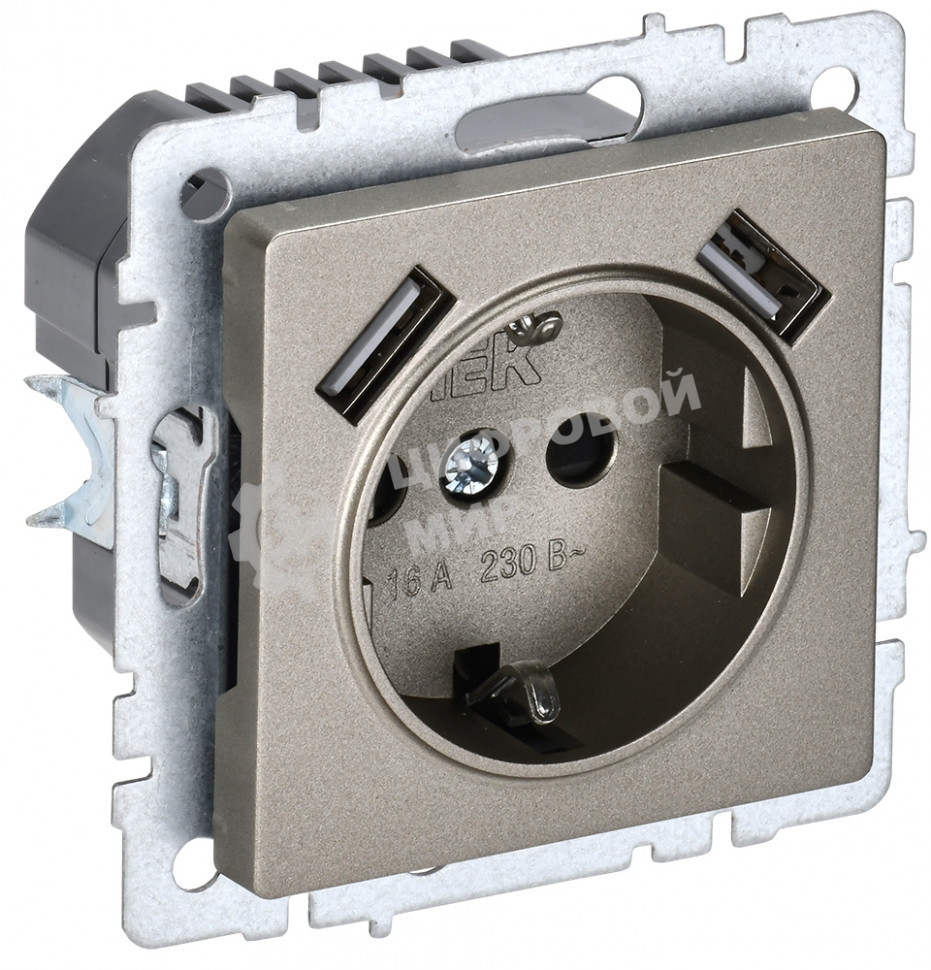Розетка 1-местная IEK BRITE РЮш10-2-БрШ (BR-R14-16-U21-D31-K37) с заземлением, с защитными шторками, 16А, с USB A+A 5В 3,1А, шампань