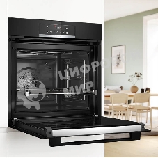 Встраиваемый духовой шкаф с добавлением пара Bosch HQG572EB3 Serie 4, Auto Pilot 15, объем 71 л , 9 режимов нагрева, 3D Hotair, Soft move door,телескопические направляющие 1уровень,гидролиз и пиролиз, сенсорное управление, черный+профиль из нержавеющей стали