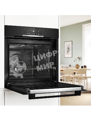 Встраиваемый духовой шкаф с добавлением пара Bosch HQG572EB3 Serie 4, Auto Pilot 15, объем 71 л , 9 режимов нагрева, 3D Hotair, Soft move door,телескопические направляющие 1уровень,гидролиз и пиролиз, сенсорное управление, черный+профиль из нержавеющей стали