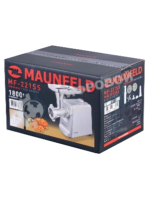 Мясорубка электрическая Maunfeld MF-221SS серый, 1800 Вт, 2.0 кг/мин, реверс, защита от перегрузки, насадки - 4