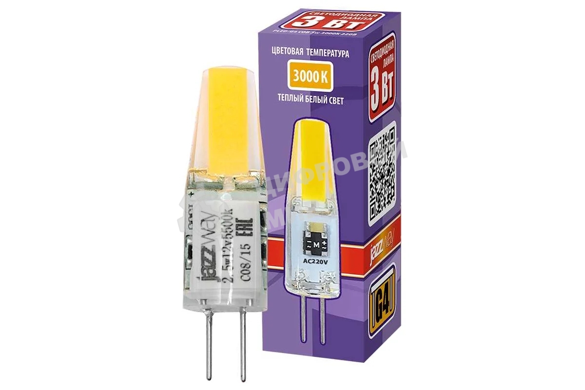 Лампа светодиодная JazzWay PLED-G4 COB 3Вт капсульная 3000К теплый белый G4 240лм 220В