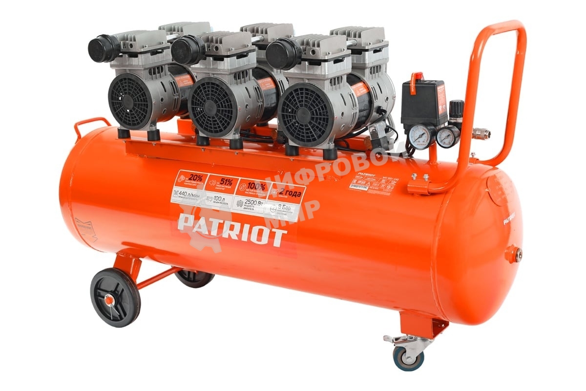 Компрессор поршневой безмасляный Patriot WO 100-440, 440 л/мин, 8 бар, 2500 Вт, 100 л, быстросъем и 