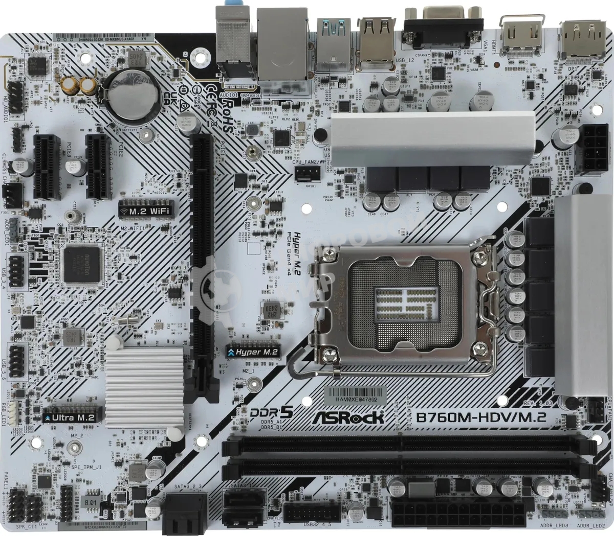 Материнская плата ASRock B760M-HDV/M.2, LGA 1700, Intel B760, 2xDDR5, 4xSATA, 2xM.2, 1xPCI-E 4.0 x16, 2xPCI-E x1, 1xDP, 1xHDMI, 1xVGA, 1x 2.5Gb LAN, 2xUSB-A 3.2 Gen 1, 3xUSB 2.0, 3x3.5 мм, 7.1, Micro-ATX