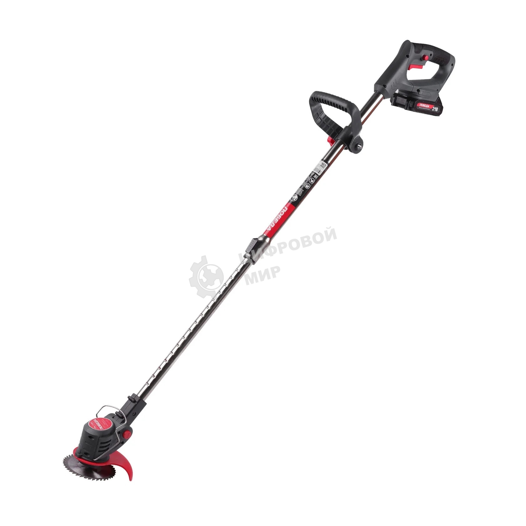 Триммер аккумуляторный Победа ТА 202, 20/21В, с 2 акб 1,5Ач и зу, макс 145мм, пластик. ножи (10шт) + мет. диск 40Т, телескоп