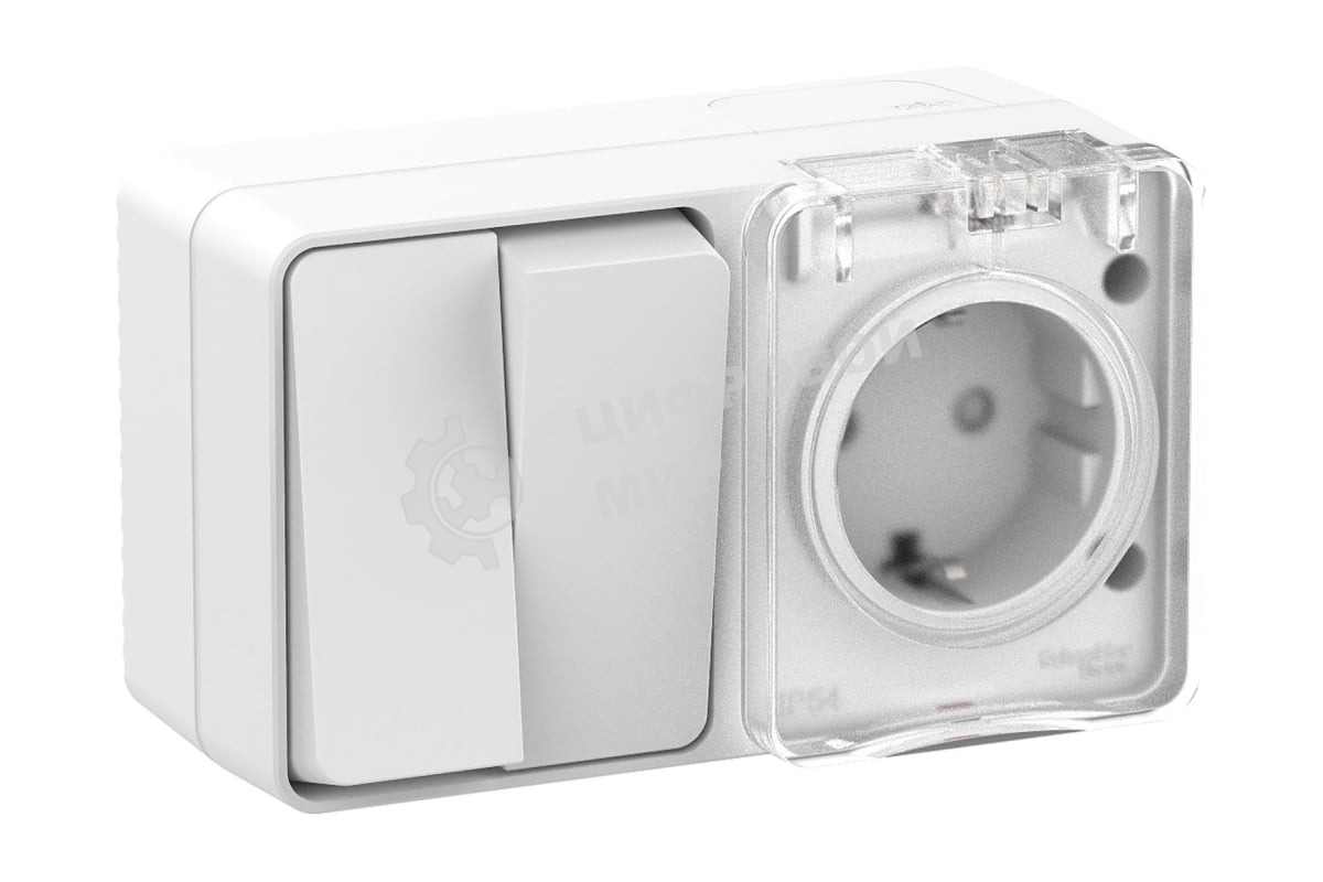 Блок ОП AtlasDesign Profi54 розетка 16А 250В с заземл. защ. шторки + 2-кл. выключатель 10А IP54 бел. SchE