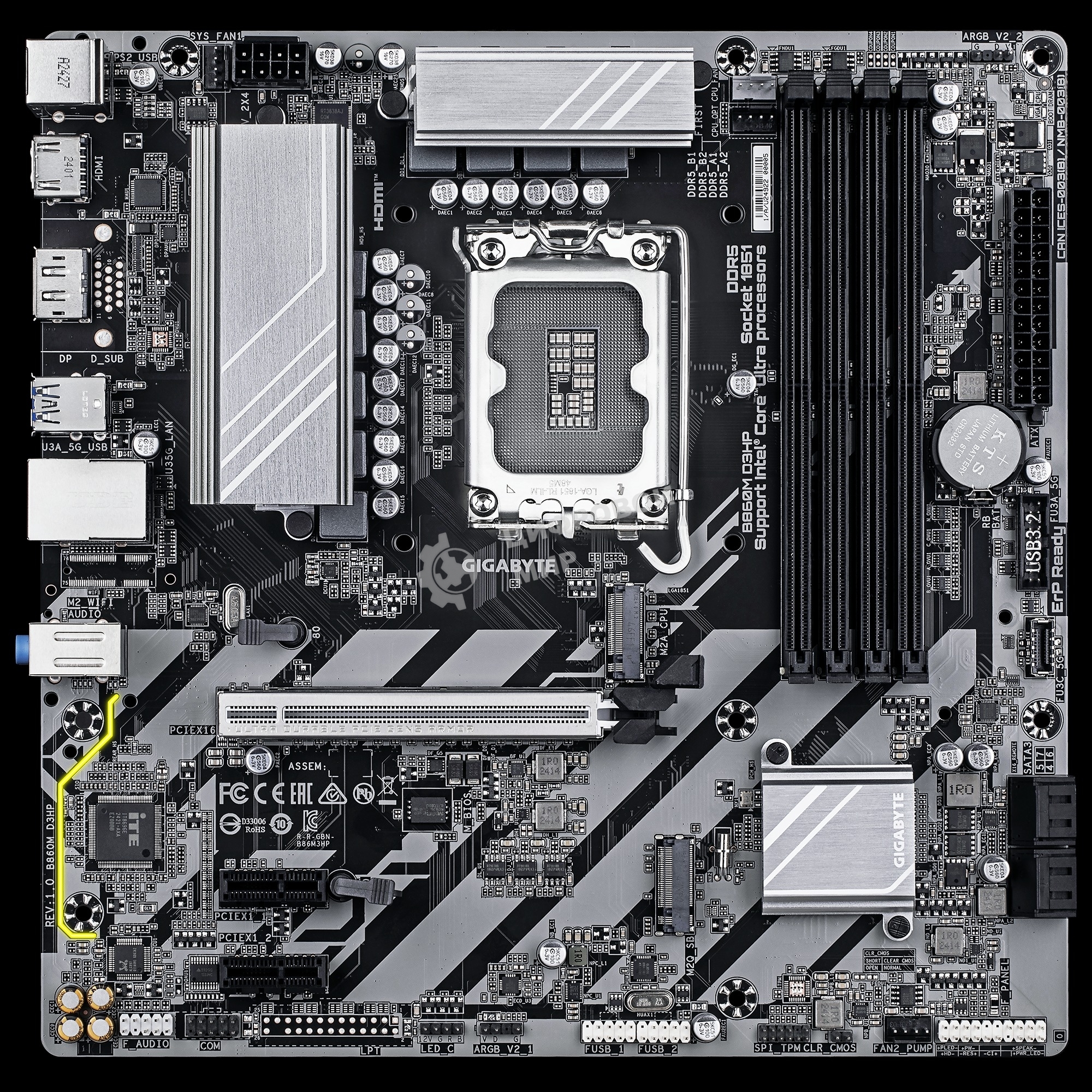 Материнская плата Gigabyte B860M D3HP, LGA 1851, Intel B860, 4xDDR5, 4xSATA, 2xM.2, 1xPCIe 5.0 x16, 2xPCIe x1, 1xHDMI, 1xDP, 1x 1Gb LAN, 3xUSB-A 3.2 Gen 1, 3xUSB-A 2.0, 1xUSB-C 3.2 Gen 1, 3x3.5 мм, 7.1, mATX