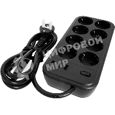 Сетевой фильтр Powercom SP-08 USB03AB 1,8 m 1.8м, 8 розеток, черный, коробка