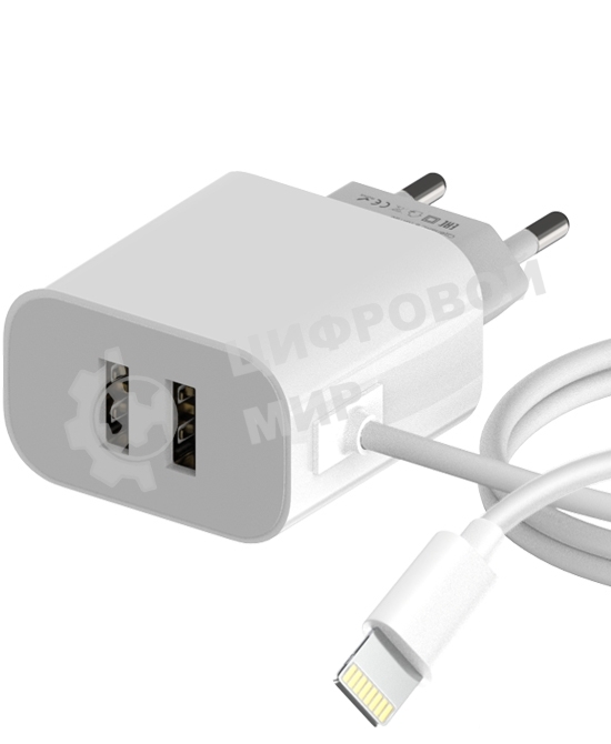 Сетевое зарядное устройство Maxvi CHL-242L 2хUSB 2.4A + литой кабель Lightning 1.2м, белый