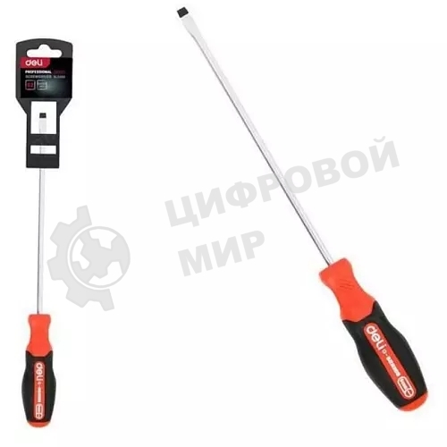 Отвертка шлицевая DELI DL3450 SL6x200мм сталь S2, матовый стержень, двухкомпонентная прорезиненная рукоять