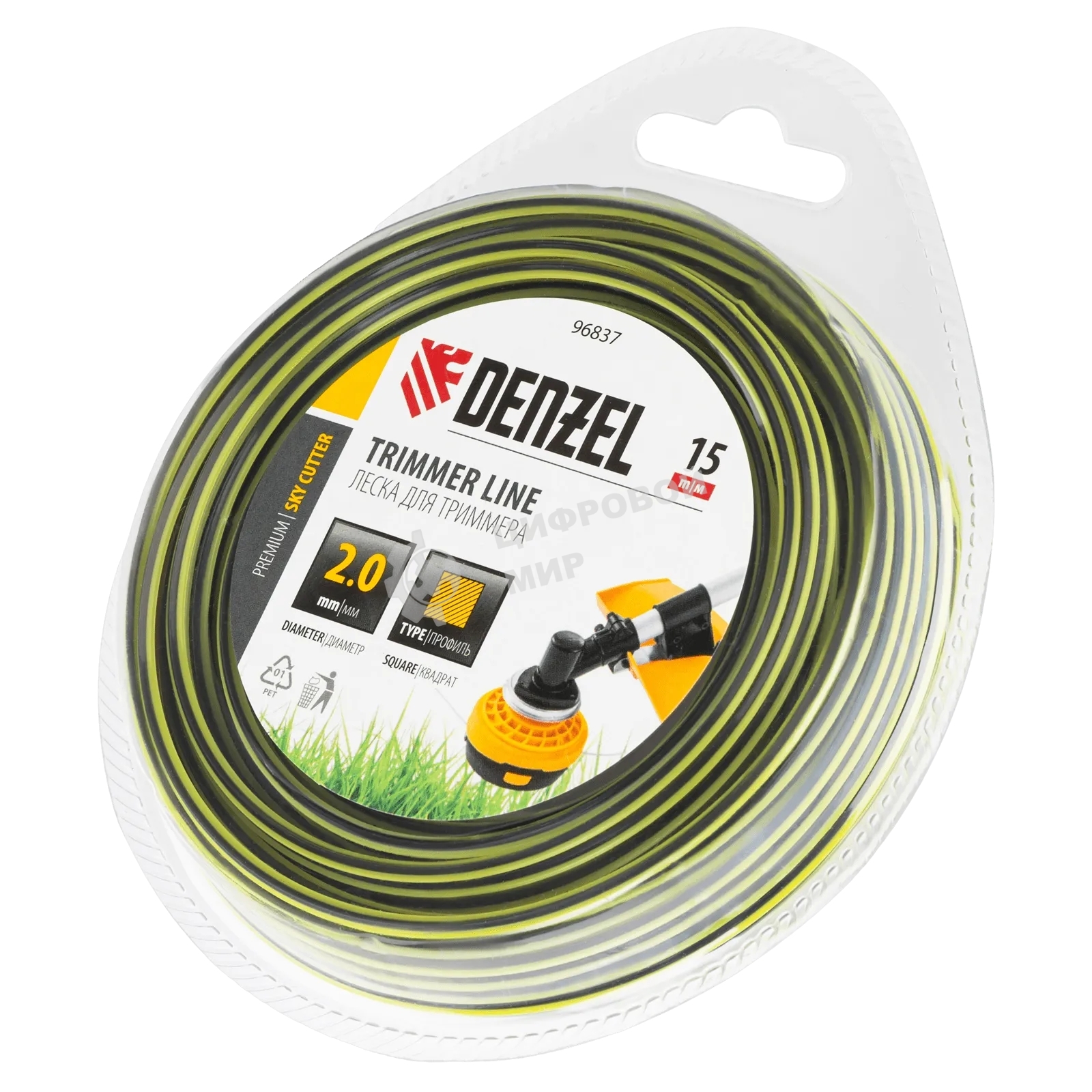 Леска для триммера Denzel двухкомпонентная квадратная, 2,0 мм х 15 м, блистер SkyCutter
