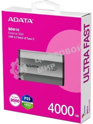 Внешний SSD ADATA SD810, 4Tb, USB 3.2 Gen 2x2 Type-C, R/W 2000/2000, серебристый