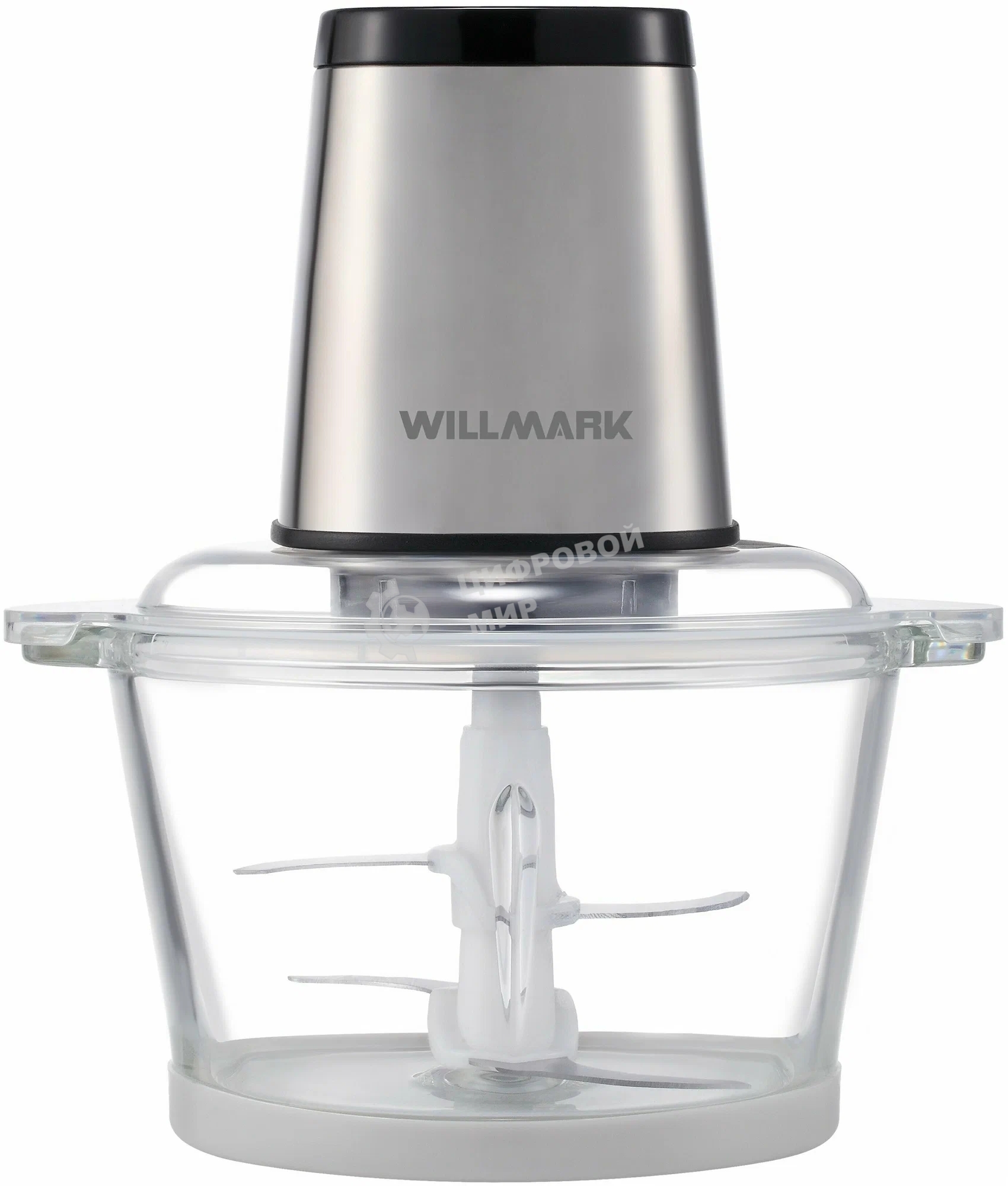 Измельчитель Willmark WMC-7288SS (550Вт., стекл. чаша 2л., рез. основ, корпус нержав. сталь, чёрный)