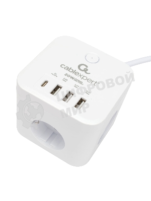 Сетевой фильтр Cablexpert Cube CUBE-3-CU3-W-1.5, 3 р, 10А, 1xType-C PD, 3xUSB, 1.5 м, ур.защиты 4+, белый, коробка