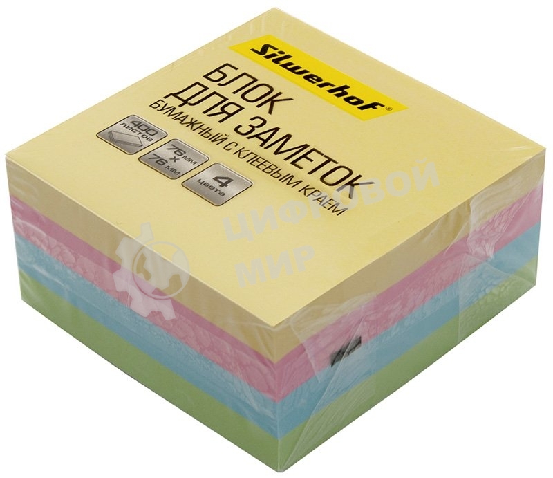 Блок самоклеящийся бумажный Silwerhof Daily 76x76мм 400лист. пастель 4цв.в упак.