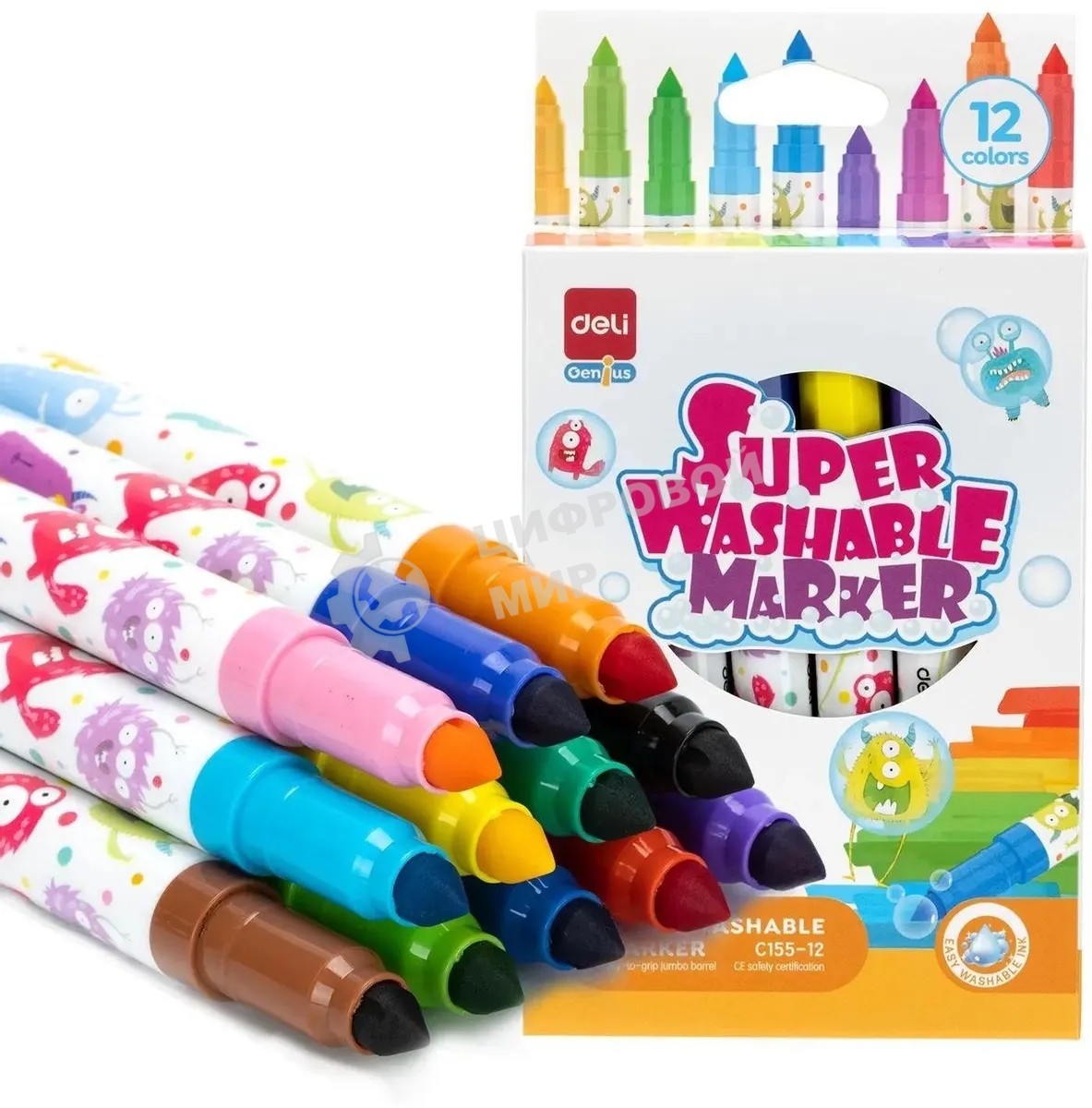 Фломастеры Deli EC155-12, пулевидный пишущий наконечник, 12 цветов, коробка с европодвесом