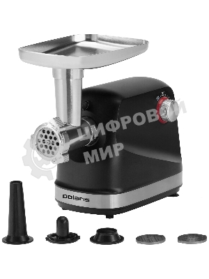 Мясорубка электрическая Polaris PMG 2582 черный, 2500 Вт, 2.7 кг/мин, реверс, защита от перегрузки, металлический лоток, насадки - 5