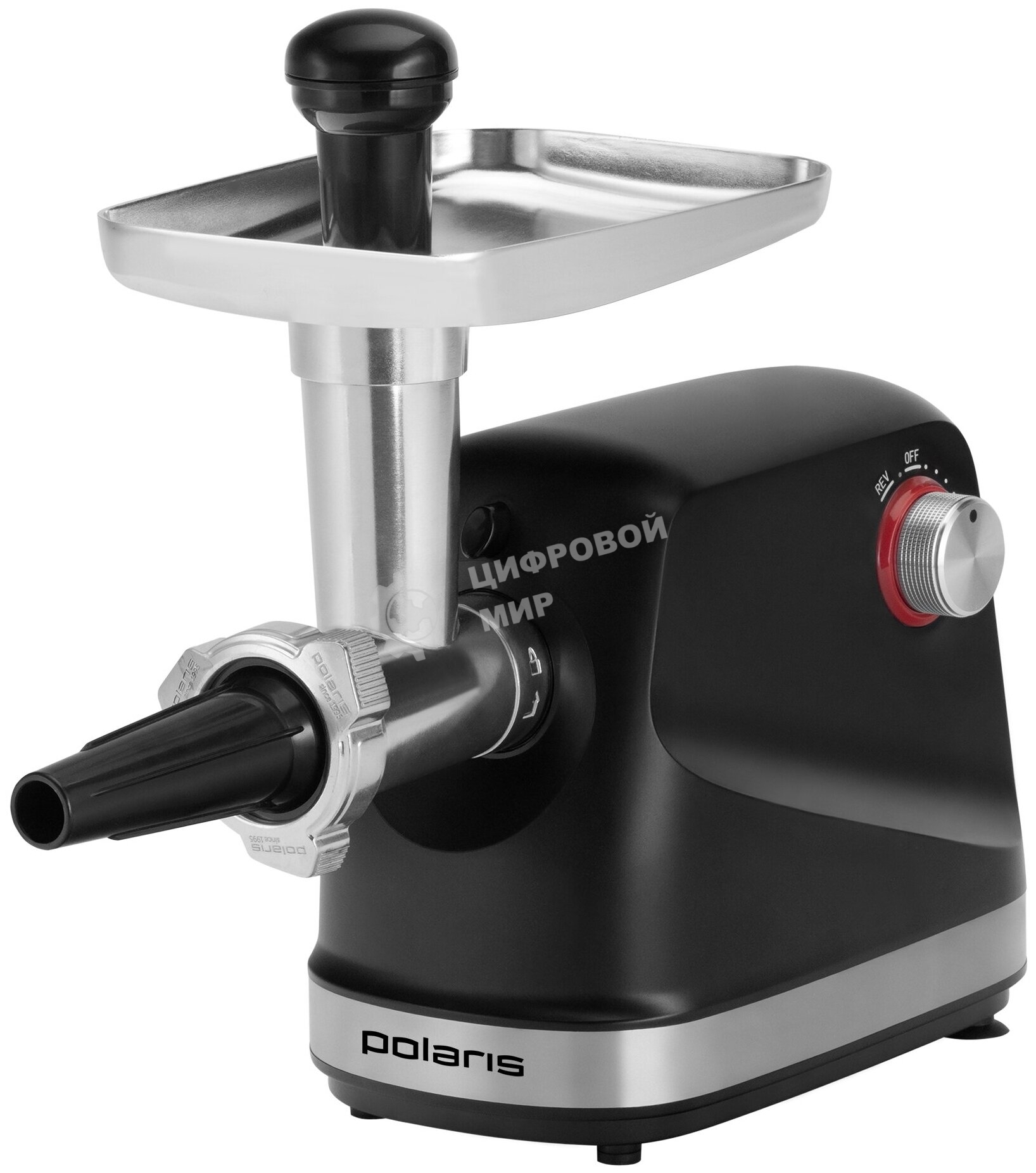 Мясорубка электрическая Polaris PMG 2582 черный, 2500 Вт, 2.7 кг/мин, реверс, защита от перегрузки, металлический лоток, насадки - 5