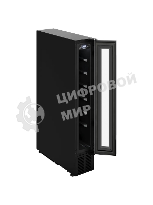 Винный шкаф Kuppersberg RBW 15, встраиваемый, High-Tech, ВхШхГ 87х15х52.5 см, объем 20 л, вместимость 7 бутылок, диапазон температуры 5-20 градусов, механическое открытие двери, LED дисплей, уровень шума 39 дБ, черный