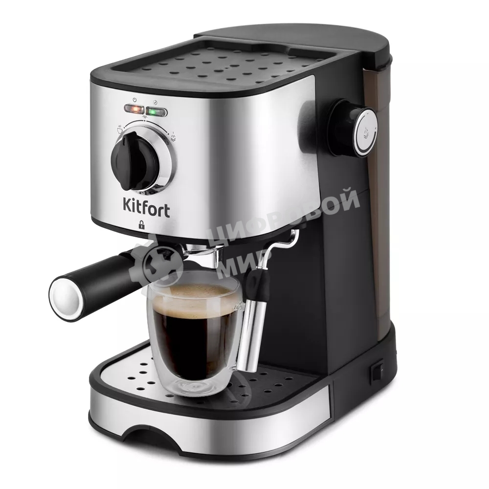 Кофеварка рожковая Kitfort KT-753 черный/нержавеющая сталь, молотый, 1 л, 850 Вт, 15 бар