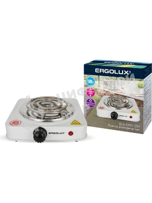 Плита настольная электрическая Ergolux ELX-EP01-C01 белый, 1 кВт, ТЭН, конфорки - 1, эмаль, поворотные переключатели