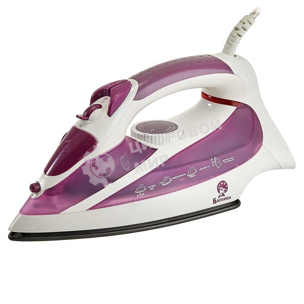 Утюг ВАСИЛИСА У3-2000 белый с сиреневым (2000 Вт. Тефлоновое покрытие подошвы. Индикатор нагрева утюга. Терморегулятор. 3 режима: сухое глажение, отпаривание, разбрызгивание воды. Возмож-ть регулировки степени отпаривания/вертикального отпаривания. Паровой удар, самоочистка.)