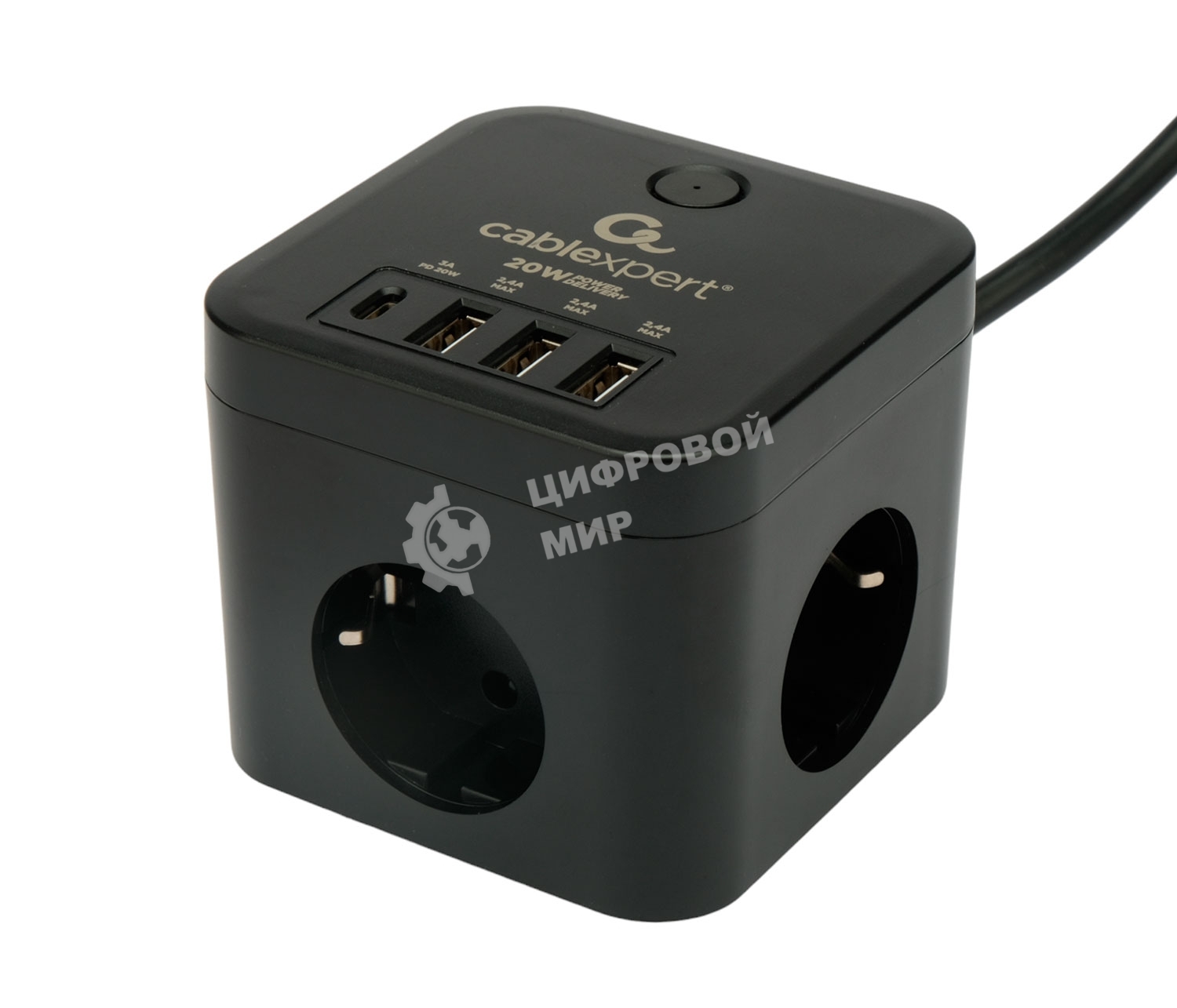 Сетевой фильтр Cablexpert Cube CUBE-3-CU3-B-1.5, 3 р, 10А, 1xType-C PD, 3xUSB, 1.5 м, ур.защиты 4+, черный, коробка