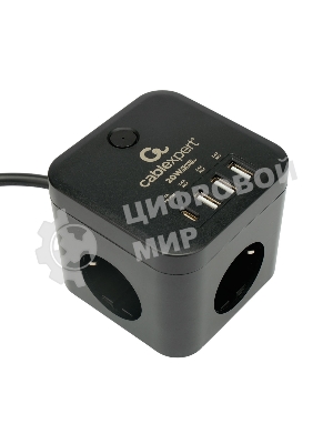Сетевой фильтр Cablexpert Cube CUBE-3-CU3-B-1.5, 3 р, 10А, 1xType-C PD, 3xUSB, 1.5 м, ур.защиты 4+, черный, коробка