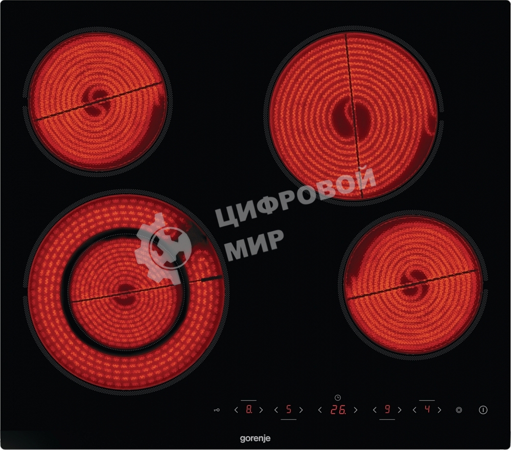 Варочная панель Gorenje ECT642BCSCE, 59 см, Hi-Light, 4 конфорки, таймер, сенсорное управление, шлифованный передний край, PowerBoost, дисплей, блокировка от детей, черный
