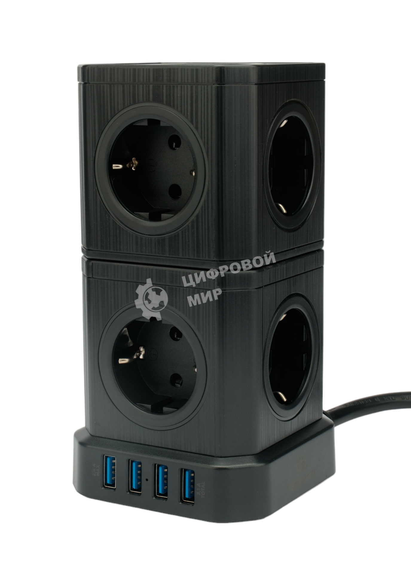 Сетевой фильтр Cablexpert Tower TWR-9-U4-B-2, 9 р, 16А, 4хUSB, 3.1А, 2 м, ур.защиты 4+, черный, коробка