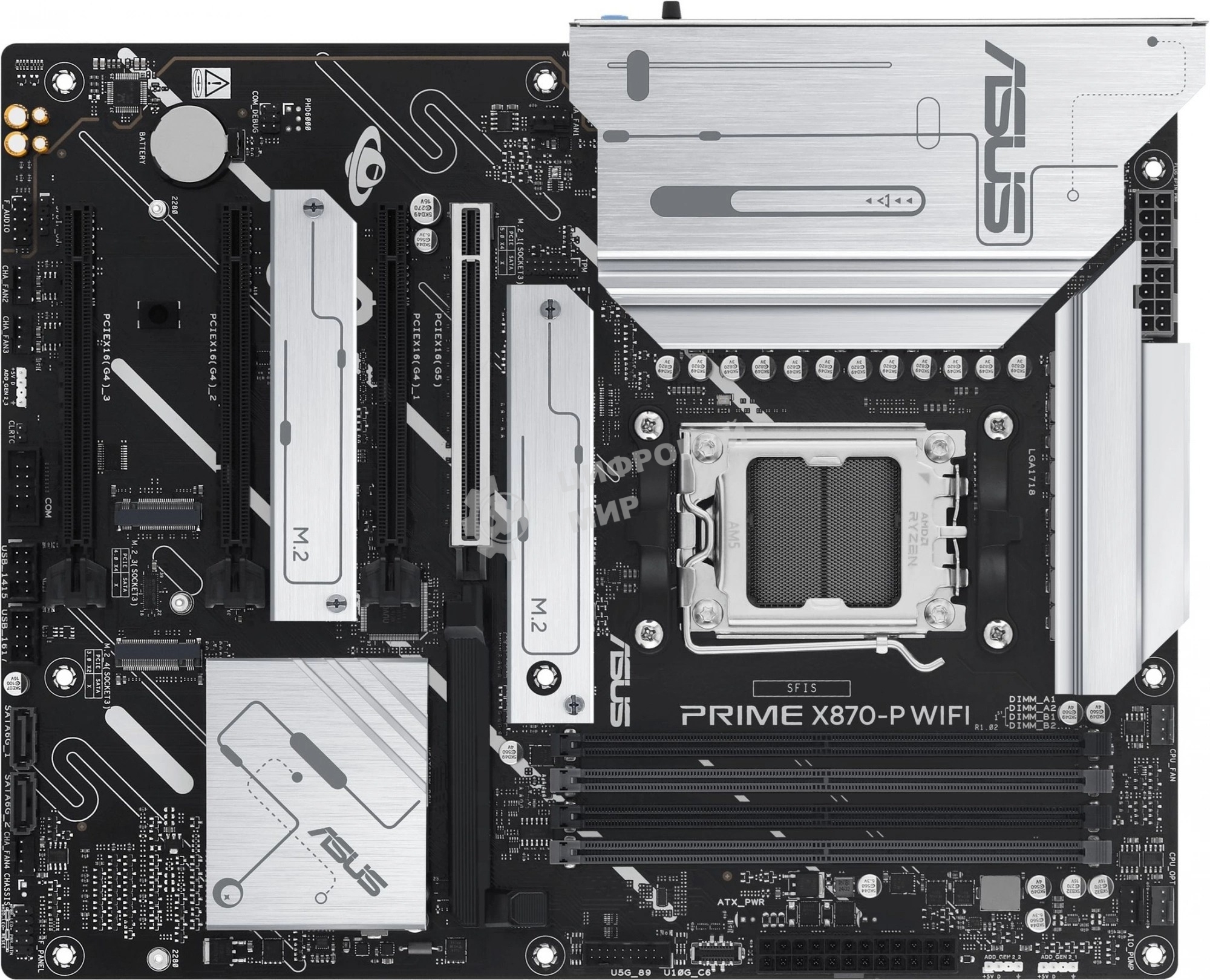 Материнская плата ASUS PRIME X870-P WIFI, AM5, AMD X870, 4xDDR5, 2xSATA, 4xM.2, 1xPCI-E 5.0 x16, 2xPCI-E 4.0 x1, 1xHDMI, 2xUSB-C, 1x 2.5Gb LAN, 4xUSB-A 3.2 Gen 1, 1xUSB-A 3.2 Gen 2, 4xUSB-A 2.0, 3x3.5 мм, 7.1, 1xWi-Fi 7, ATX